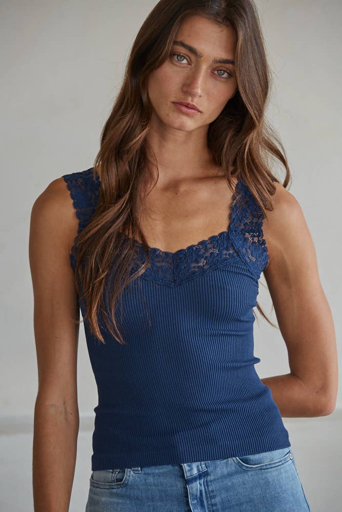 Seamless Ribbed Tank Top with Lace Trim