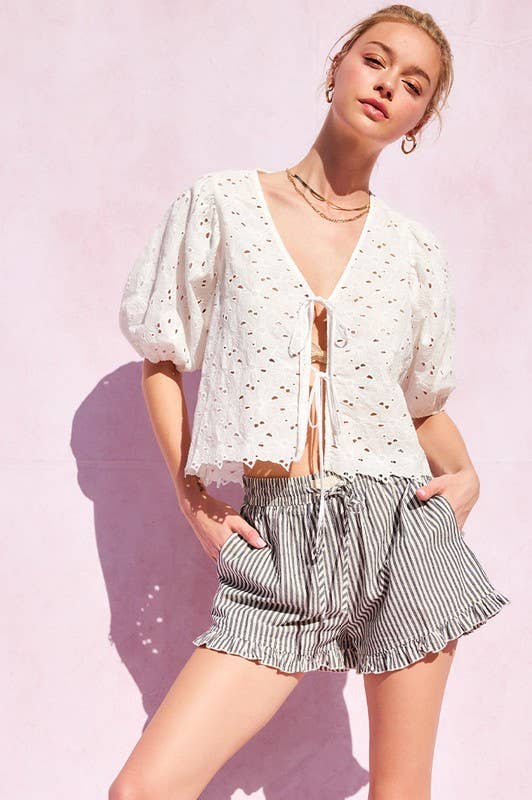 Striped Cotton Ruffle Shorts