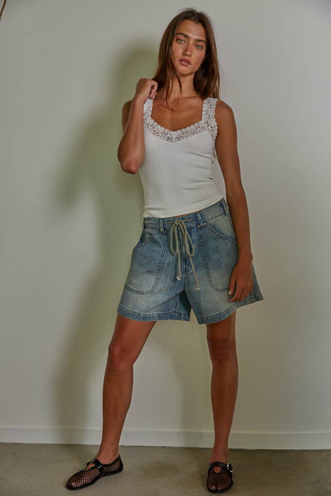 Seamless Ribbed Tank Top with Lace Trim
