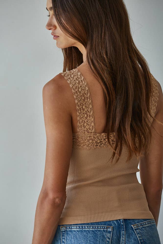 Seamless Ribbed Tank Top with Lace Trim
