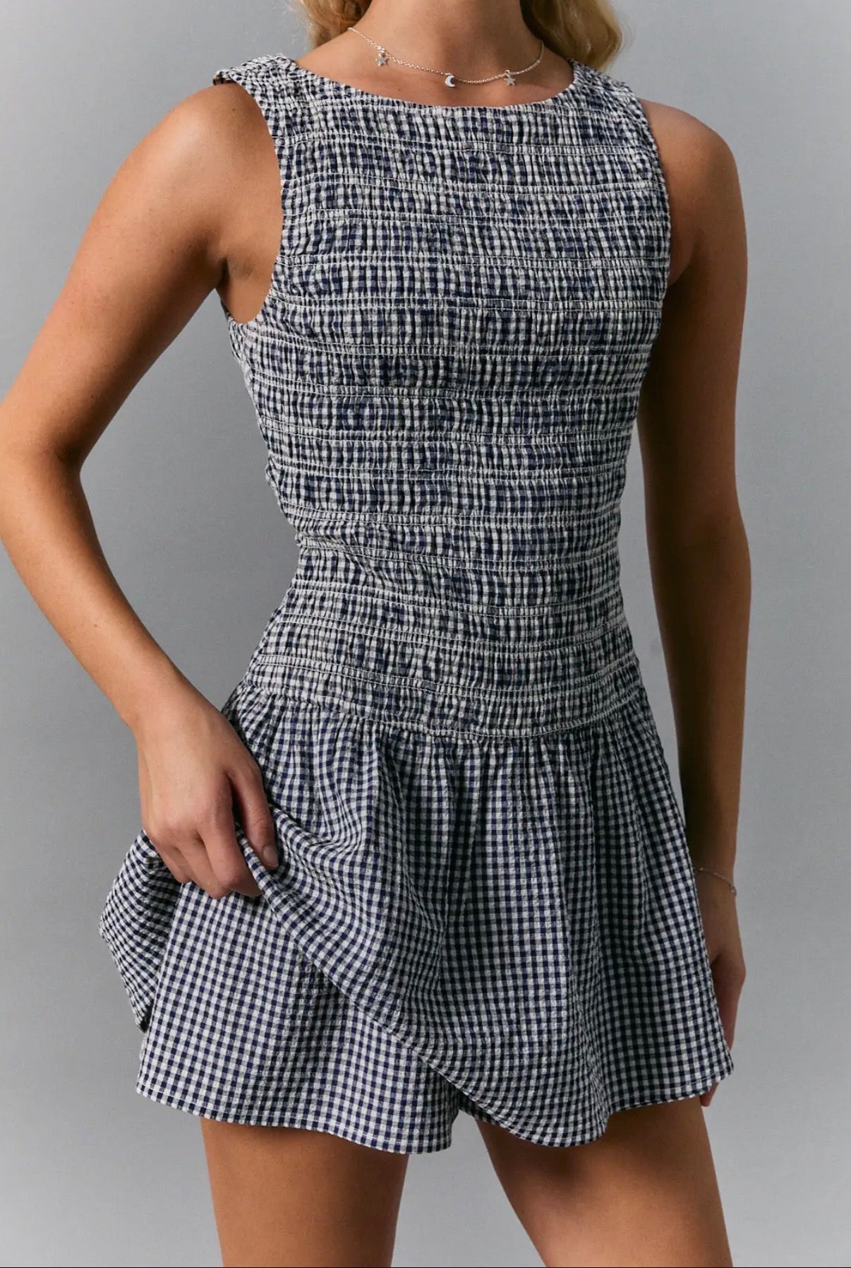 Boat Neck Smocking Bodice Low Waist Romper