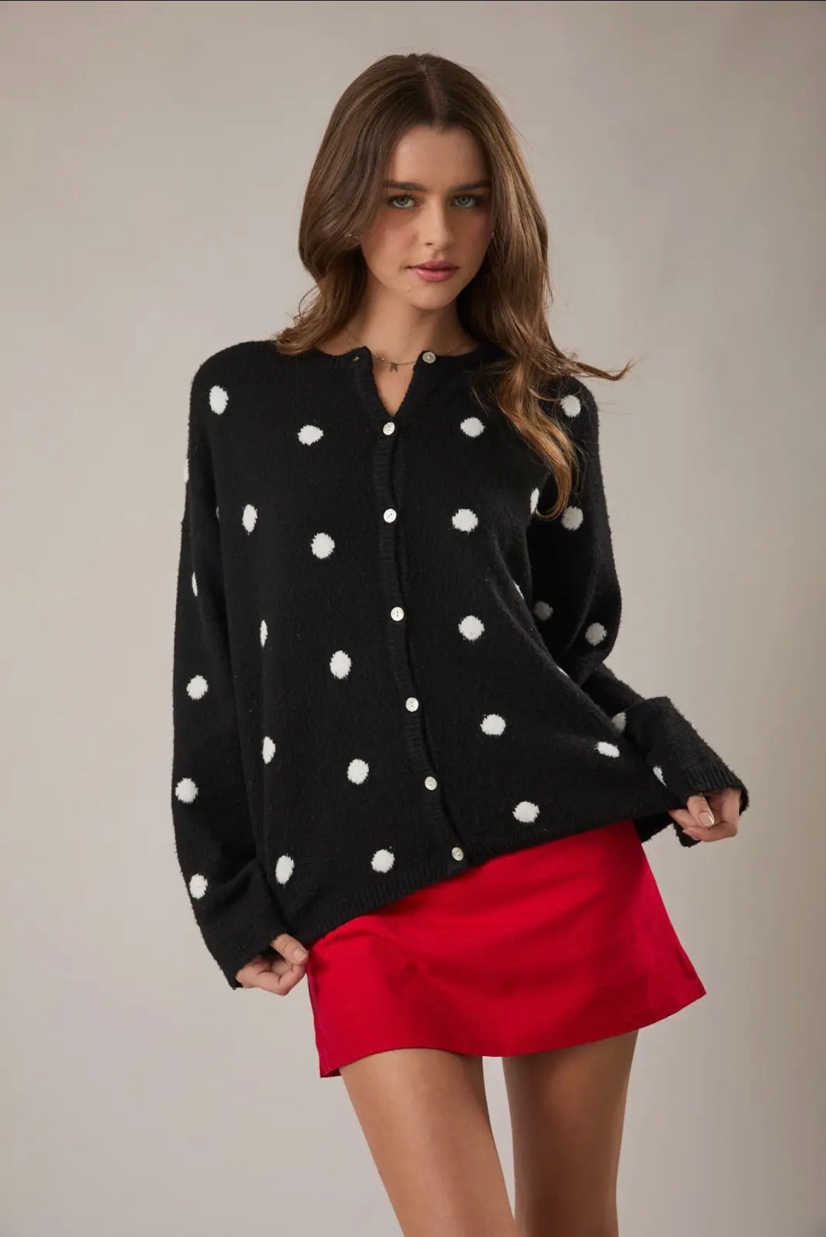 Long Sleeve Crew Neck Polka Dot Sweater Cardigan