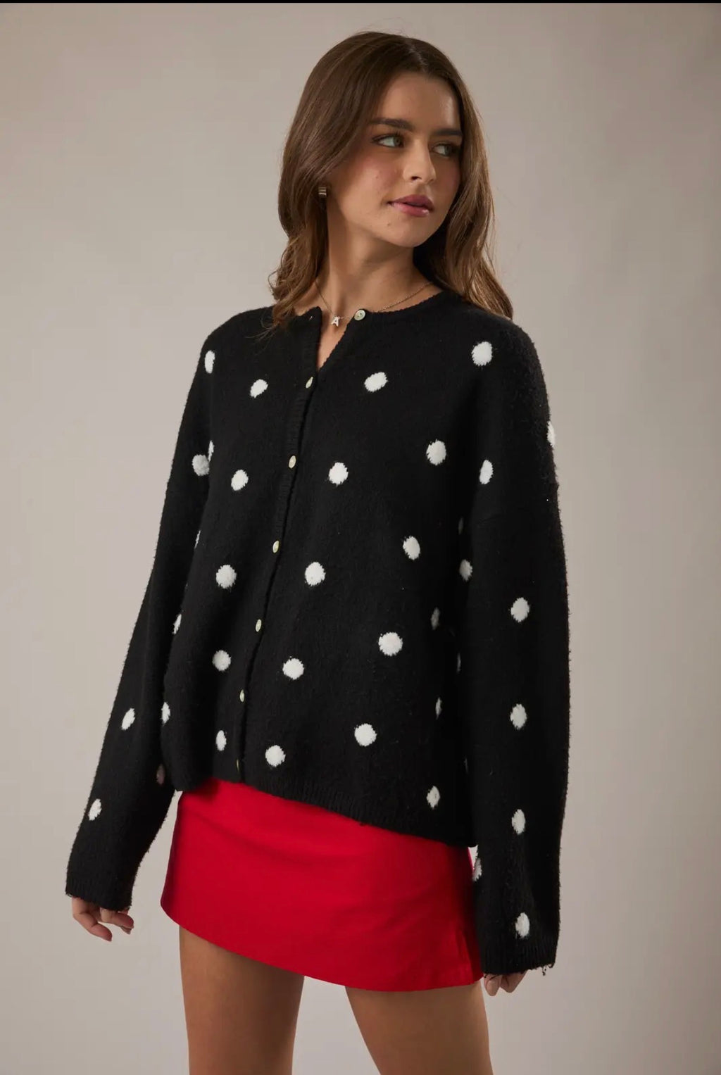 Long Sleeve Crew Neck Polka Dot Sweater Cardigan