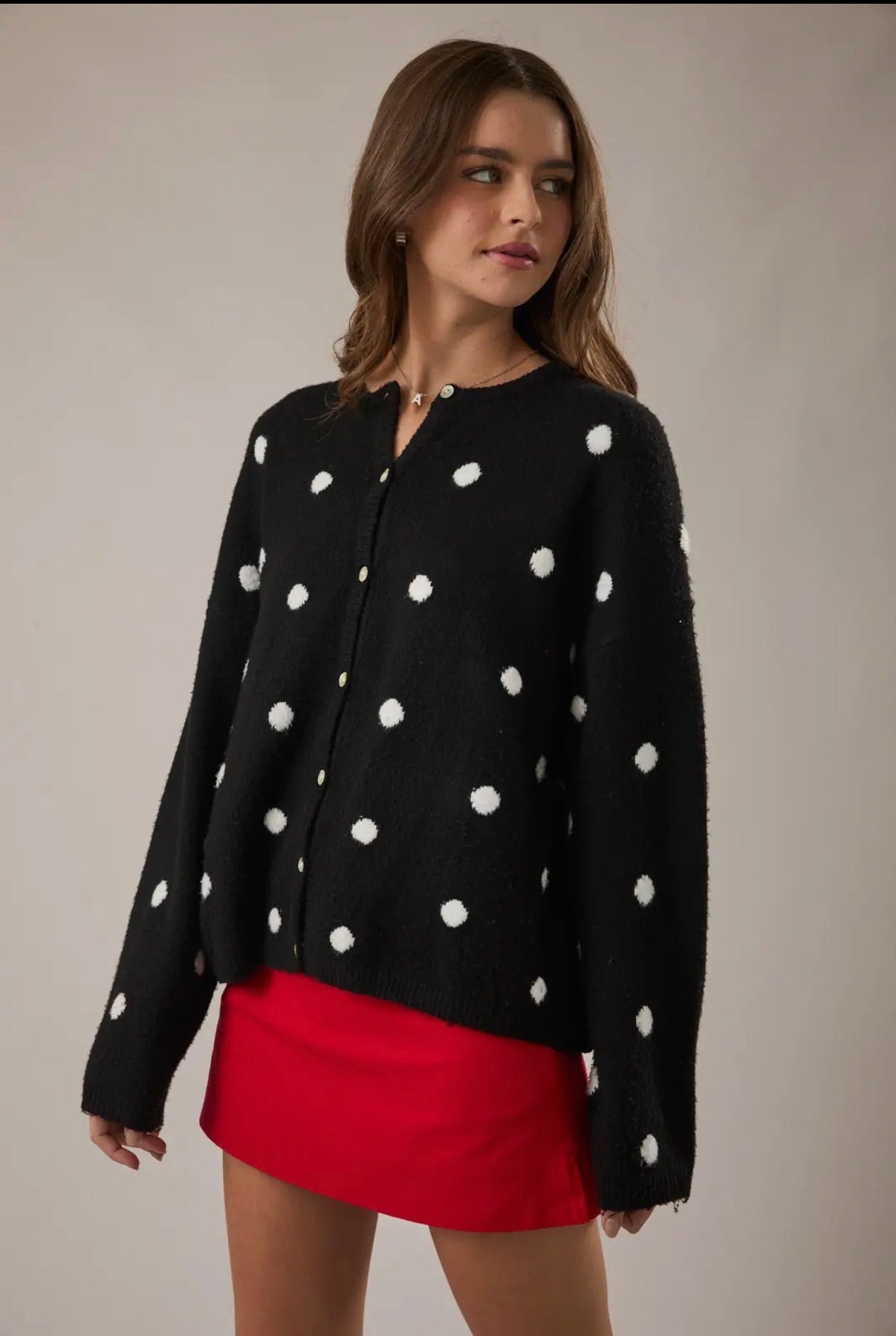 Long Sleeve Crew Neck Polka Dot Sweater Cardigan