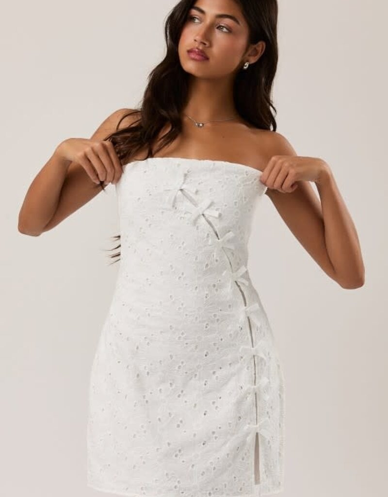 Eyelet Strapless Bow Detail Mini Dress