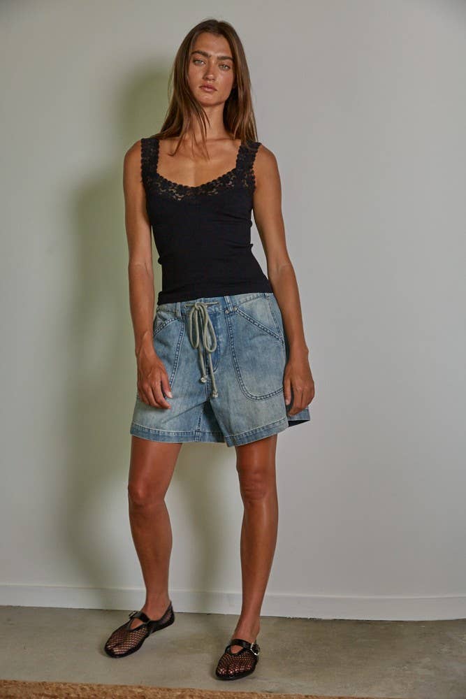 Seamless Ribbed Tank Top with Lace Trim