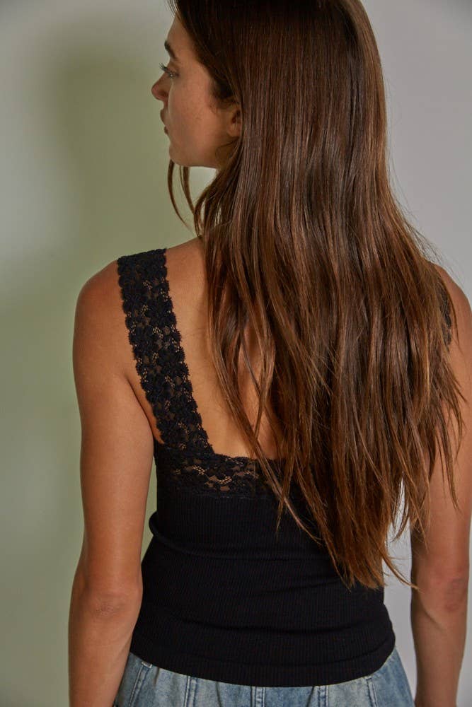 Seamless Ribbed Tank Top with Lace Trim