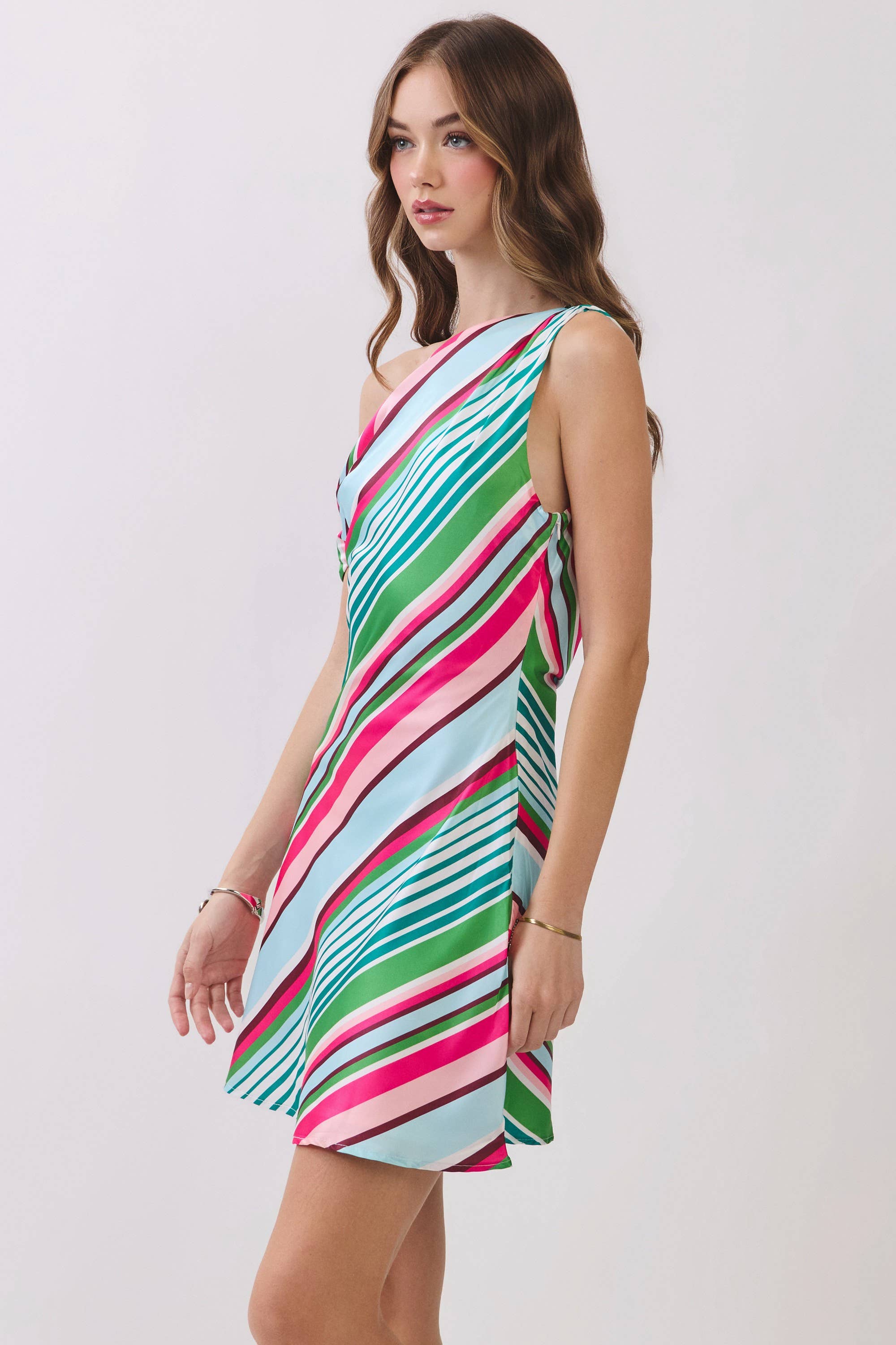 Multi Stripe One Shoulder Mini Dress
